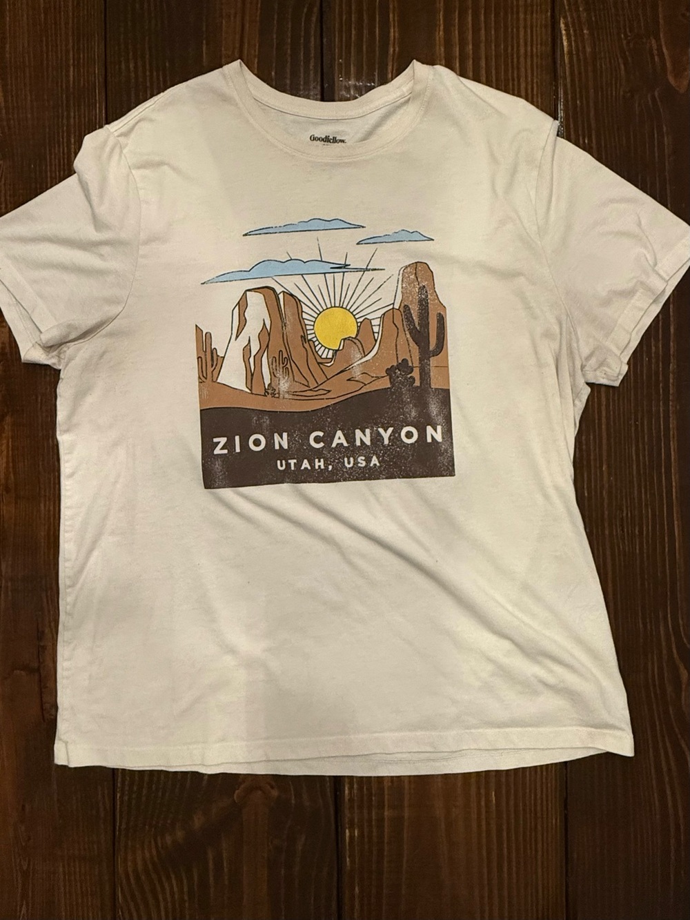 Goodfellow & Co White Zion Canyon Graphic Tee with Brown & Blue Artwork